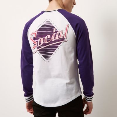 White and purple social print baseball top